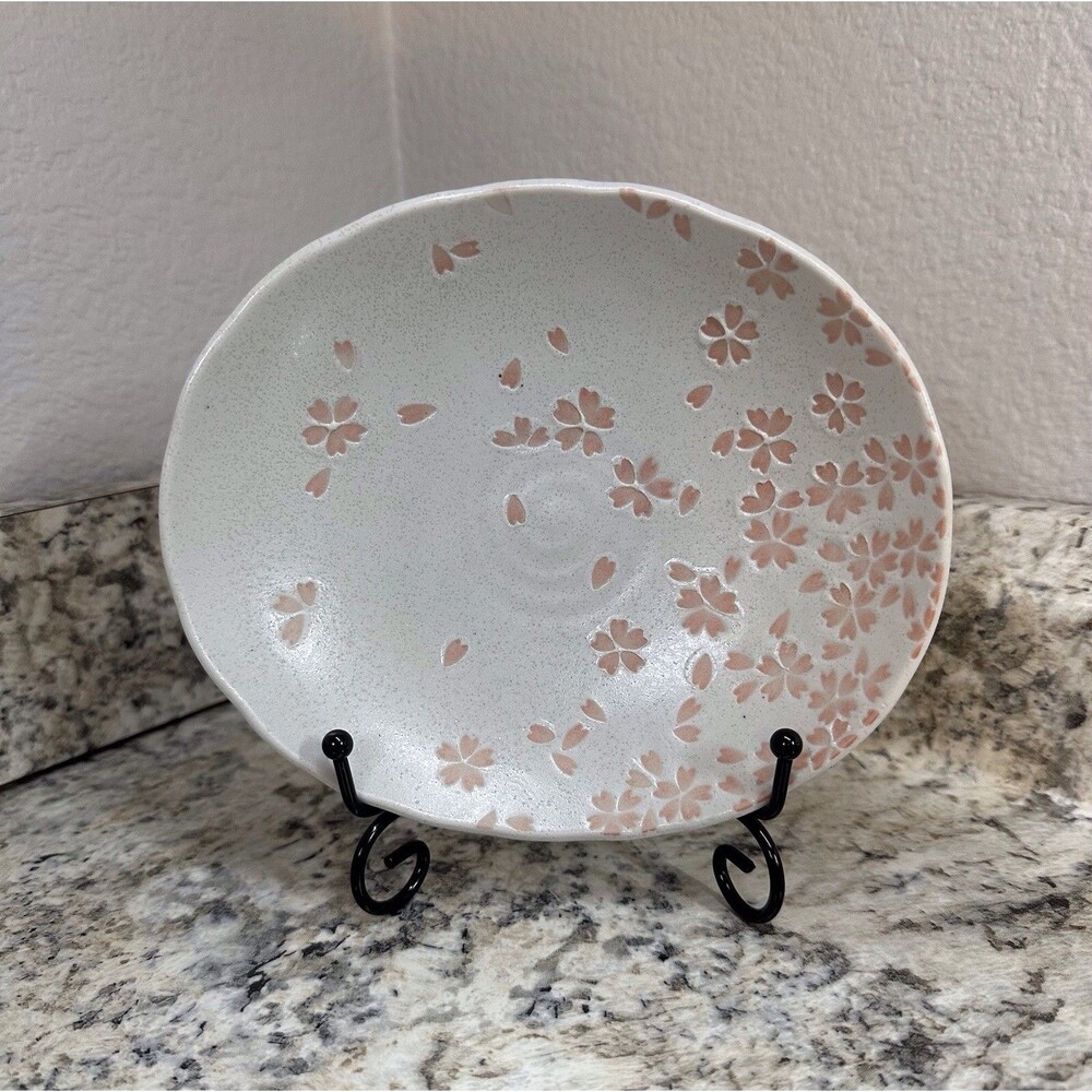 Stoneware Pottery Oval Dish Tray Small Cream Pink Floral Dish